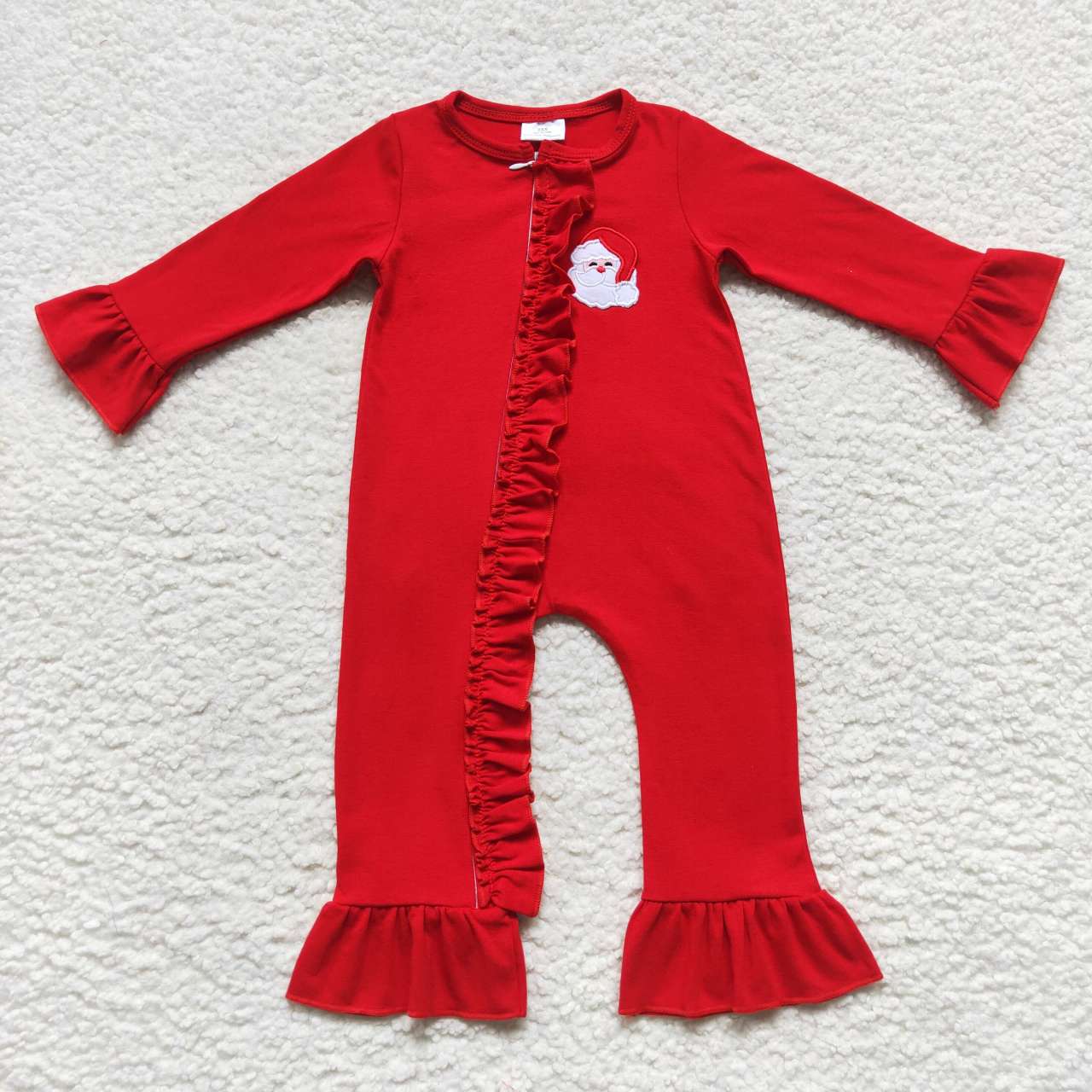 cotton solid red santa embroidery baby girl zipper romper