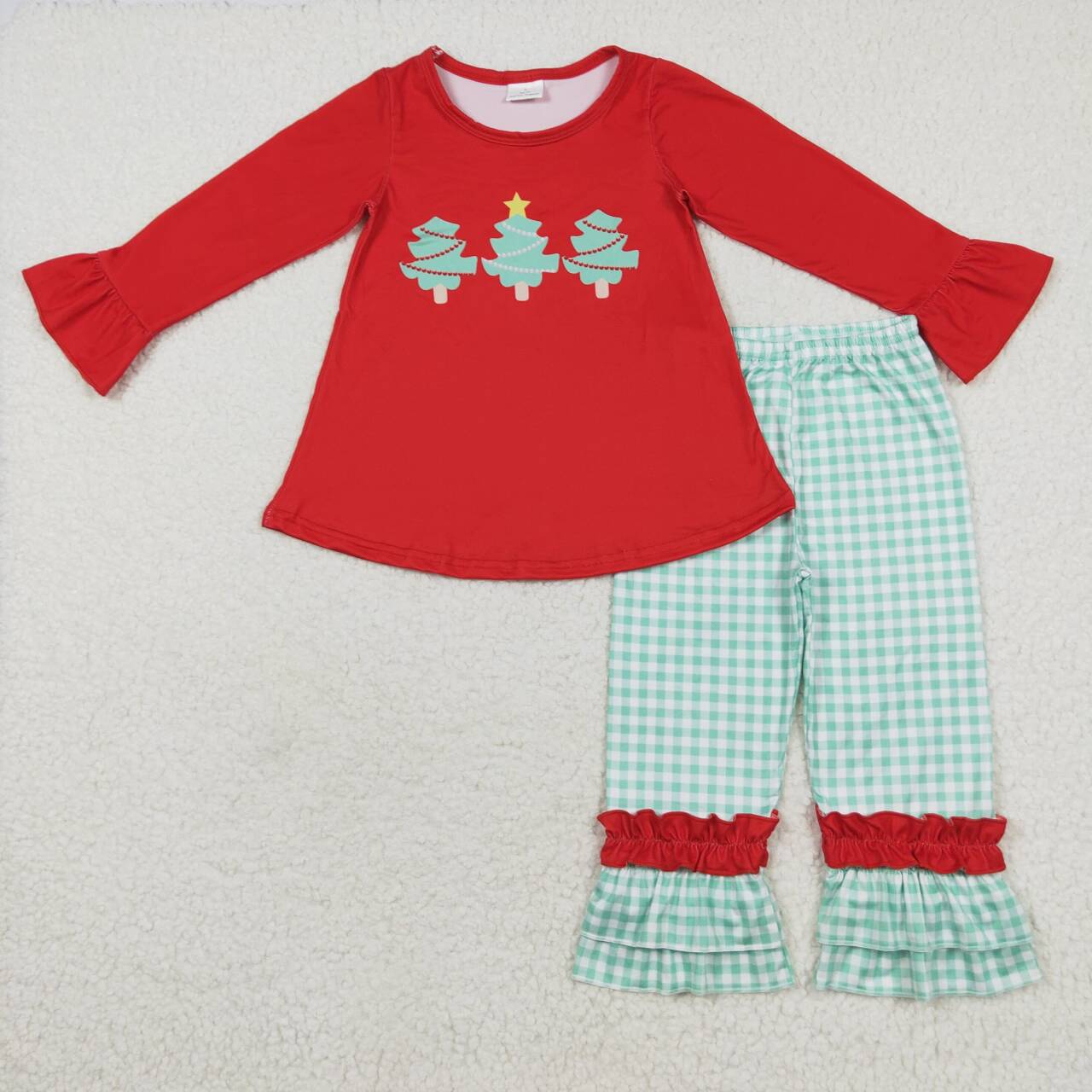 girl Christmas tree print plaid pants set