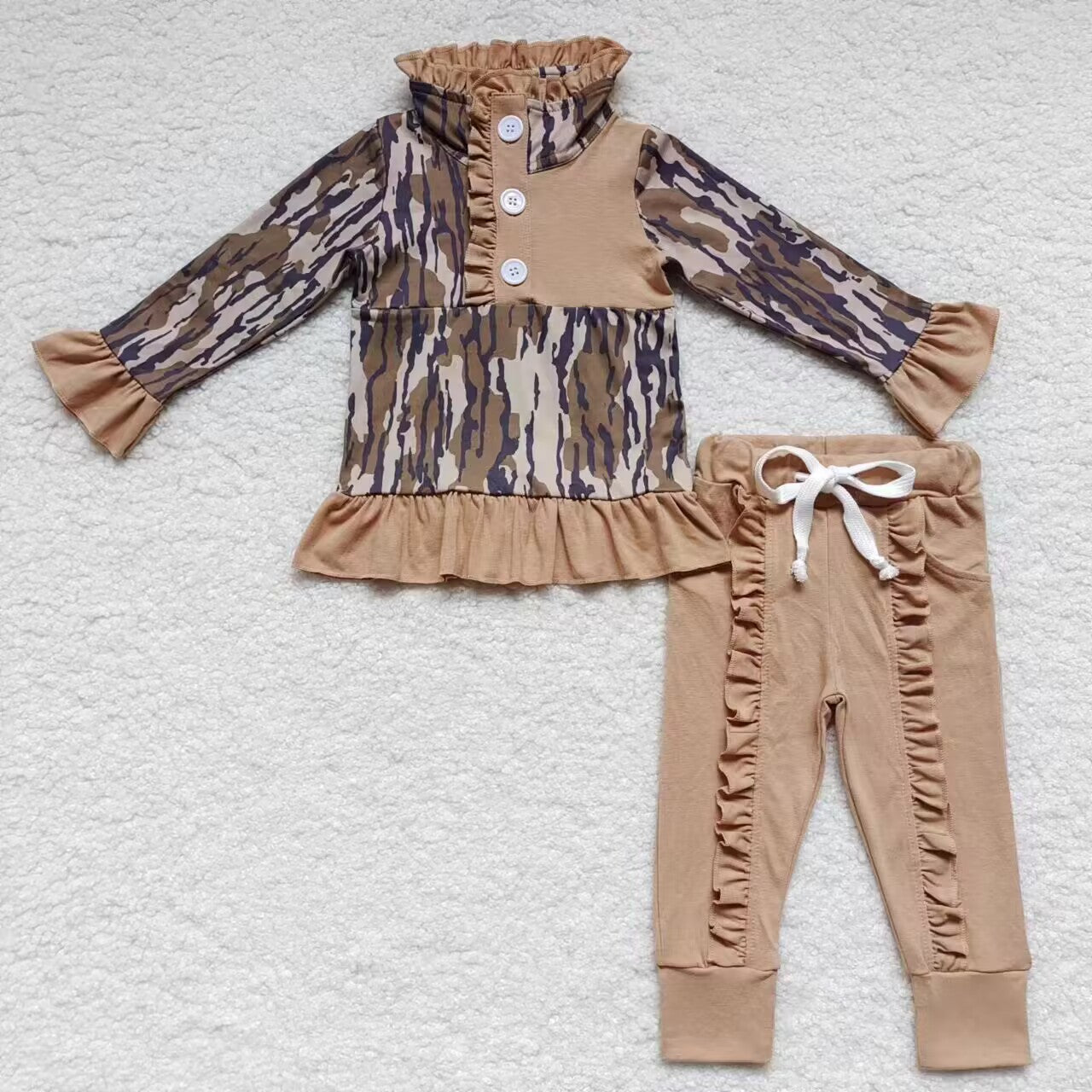 Sibling kids girl cotton camo ruffle jogger set