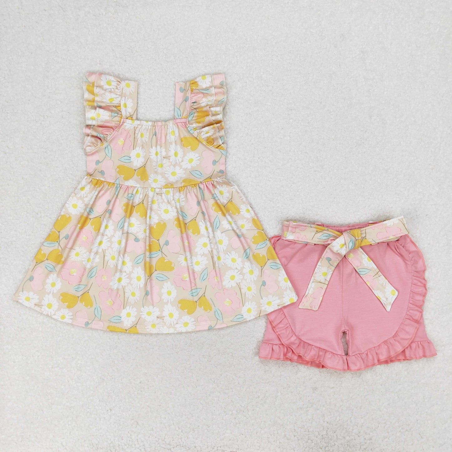 floral ruffle shorts set with belt