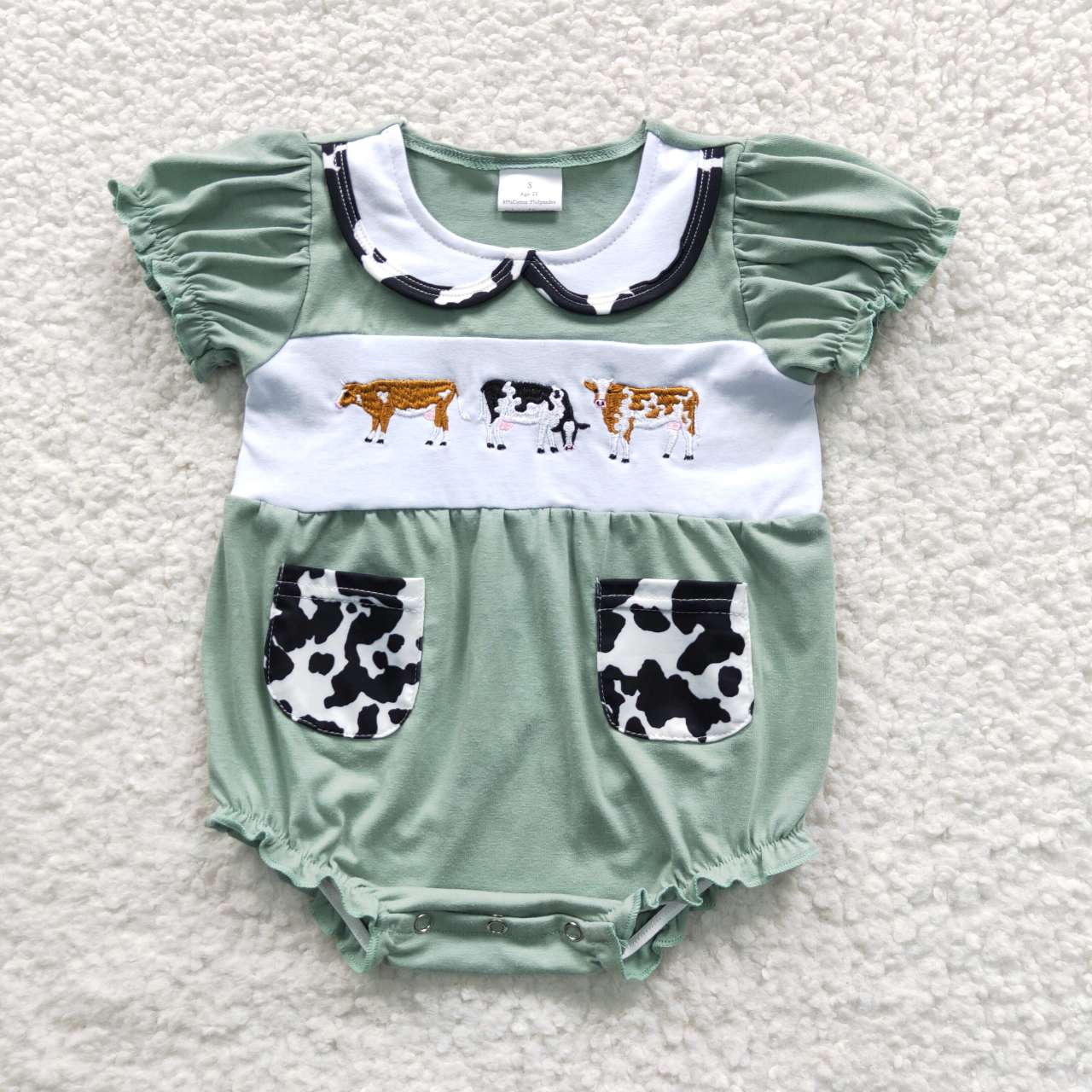 baby girl green cotton cow embroidery romper with pocket