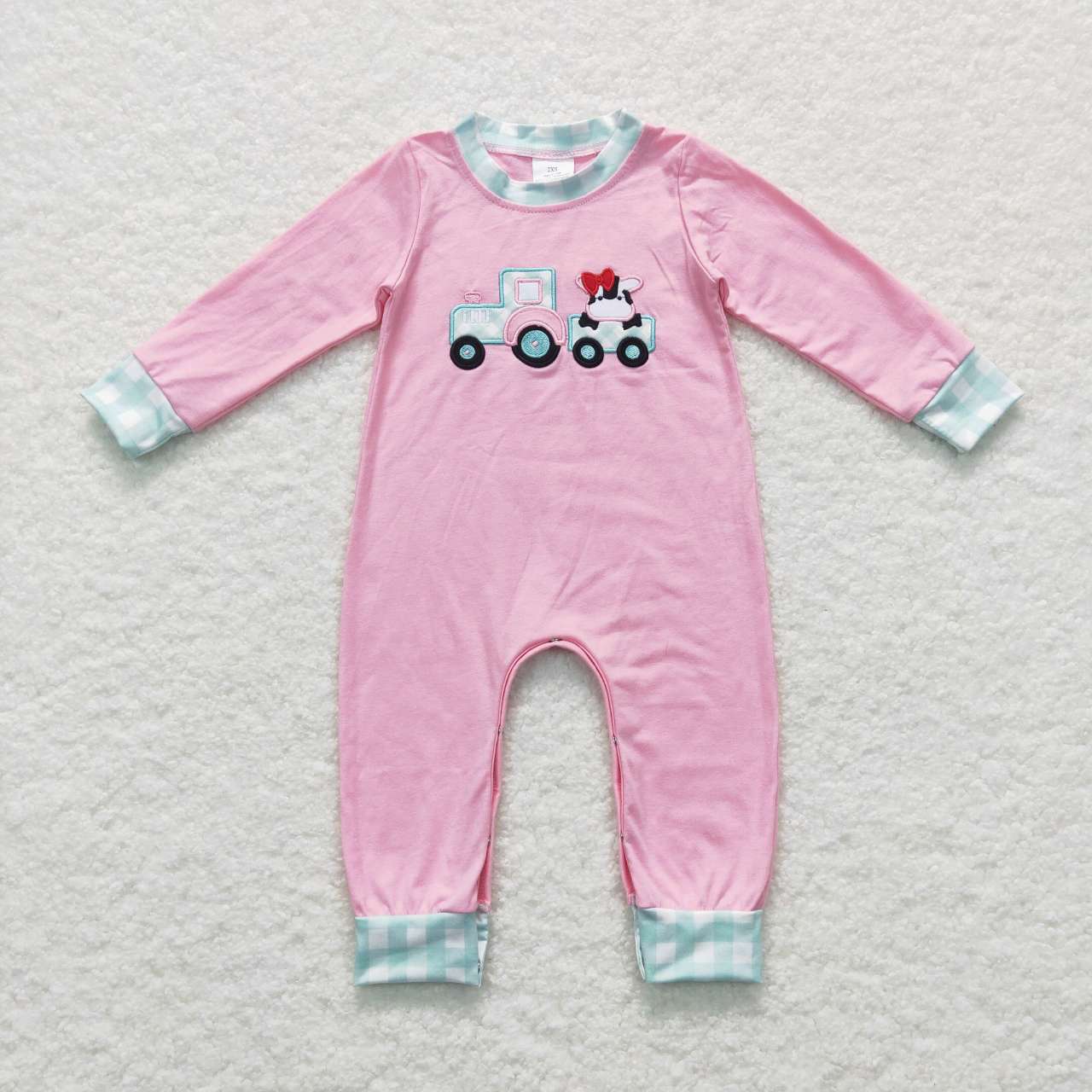 baby girl pink milk cow farm truck embroidery romper