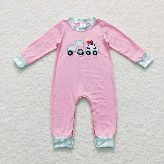 baby girl pink milk cow farm truck embroidery romper