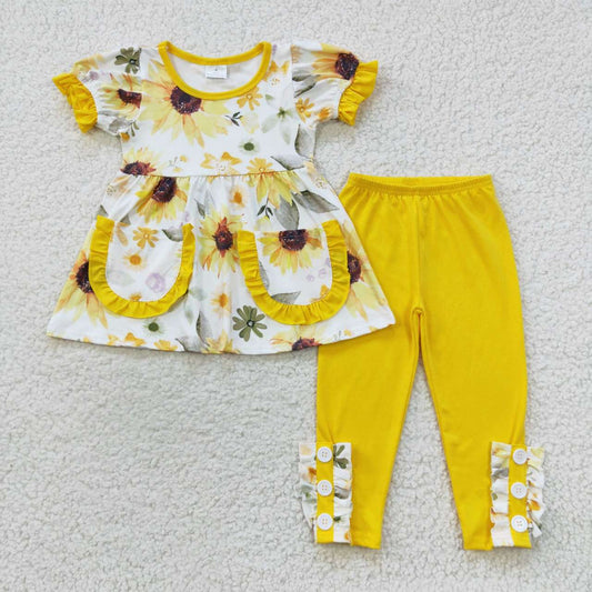 Sunflower yellow cotton leggings set girls pocket outfit