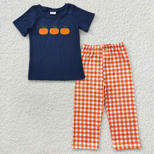 Boys pumpkin embroidery outfit orange plaid pants set