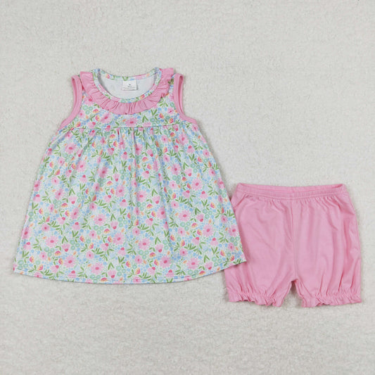 simple flower print sleeveless shorts set kids clothes