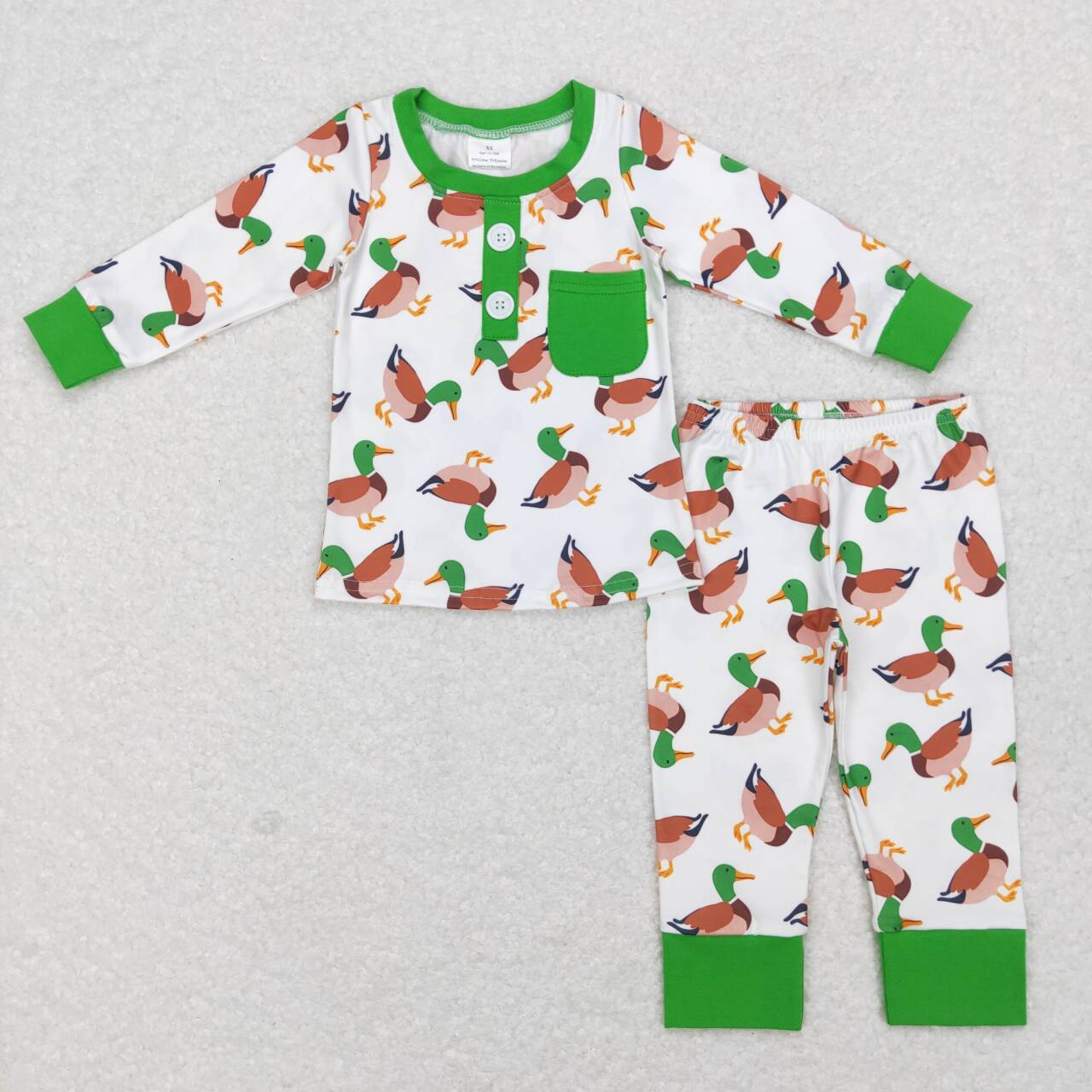 long sleeve green white boy duck print pajama