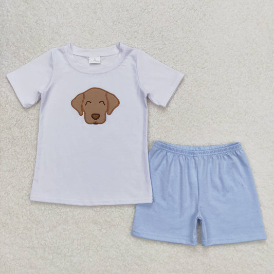 white blue dog embroidery shorts set boys outfits