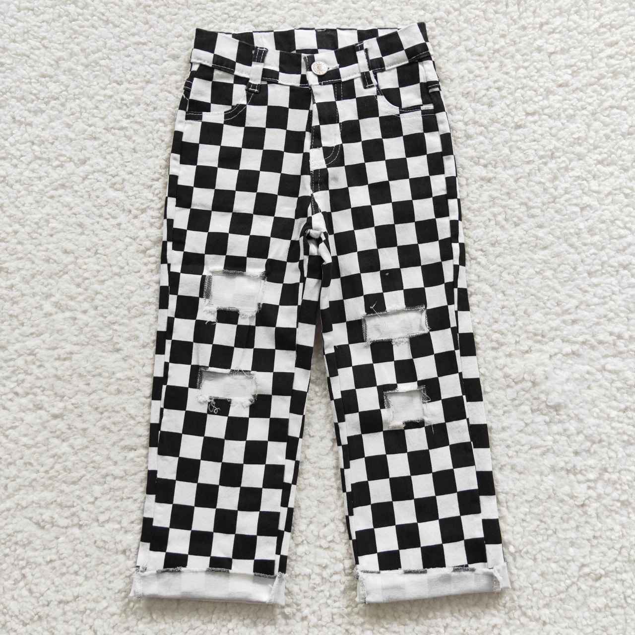 western kids black white checked jean trousers with hole
