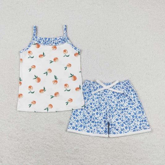 peach suspender flower shorts set girl summer clothing