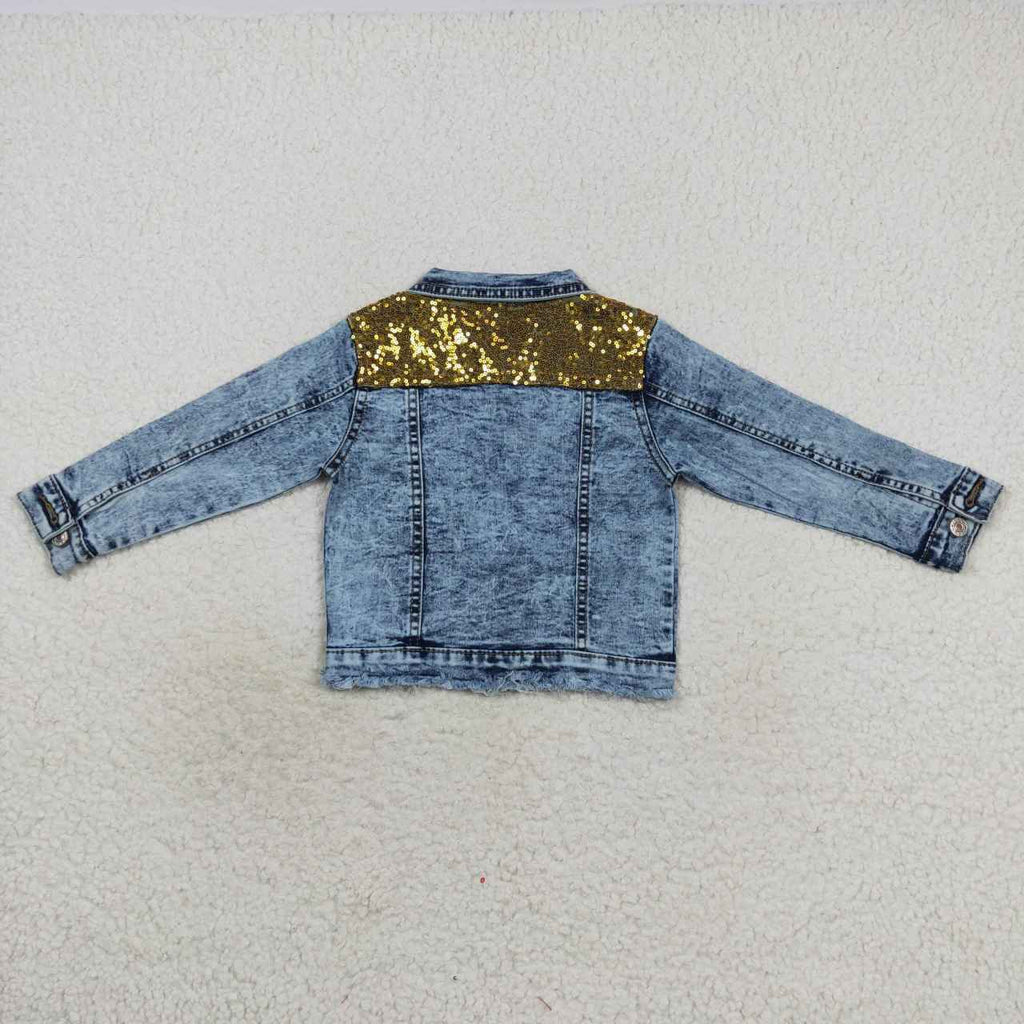 Fashion Good Quality Golden Sequins Blue Denim Jacket