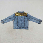 Fashion Good Quality Golden Sequins Blue Denim Jacket