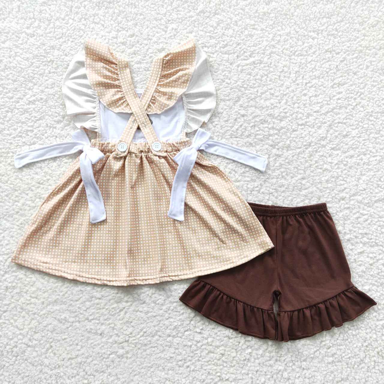 cow embroidery rufle shorts set girl's bow outfit