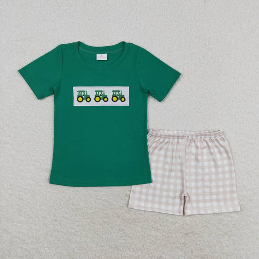 embroidery tractor shorts outfit boy green