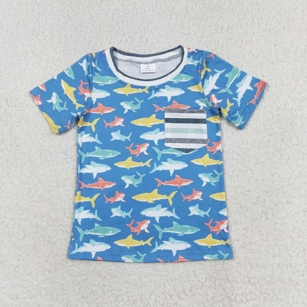 colorful shark print tee boy summer top with pocket
