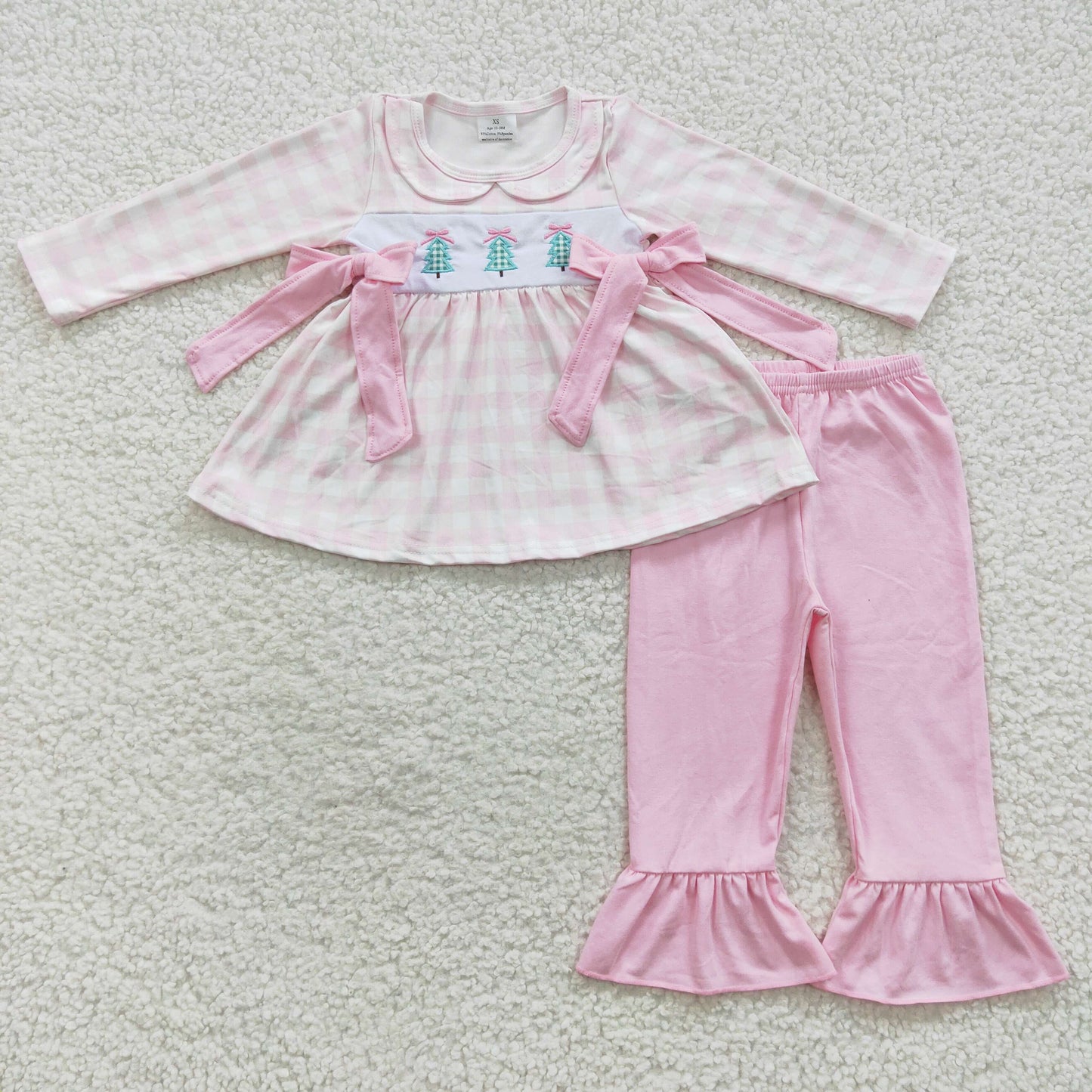 christmas tree embroidery pink plaid outfit
