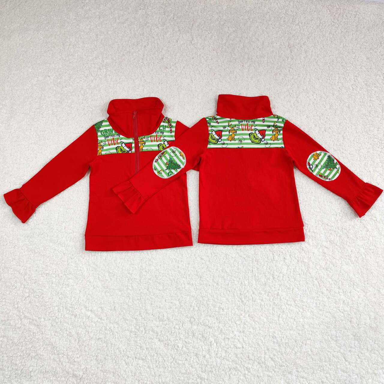 girl Christmas grinchey vibes red ruffle zip pullover top