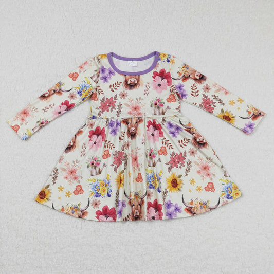 fall long sleevefloral highland cow twirl dress