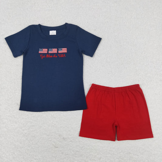 god bless USA flag embroidery 4th of july boy shorts set