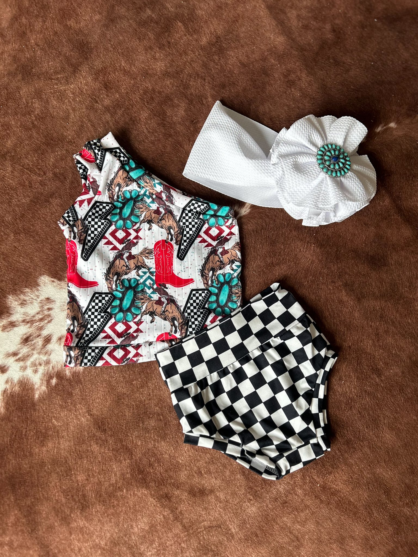 Pre order one-shoulder rodeo checkered bummie set