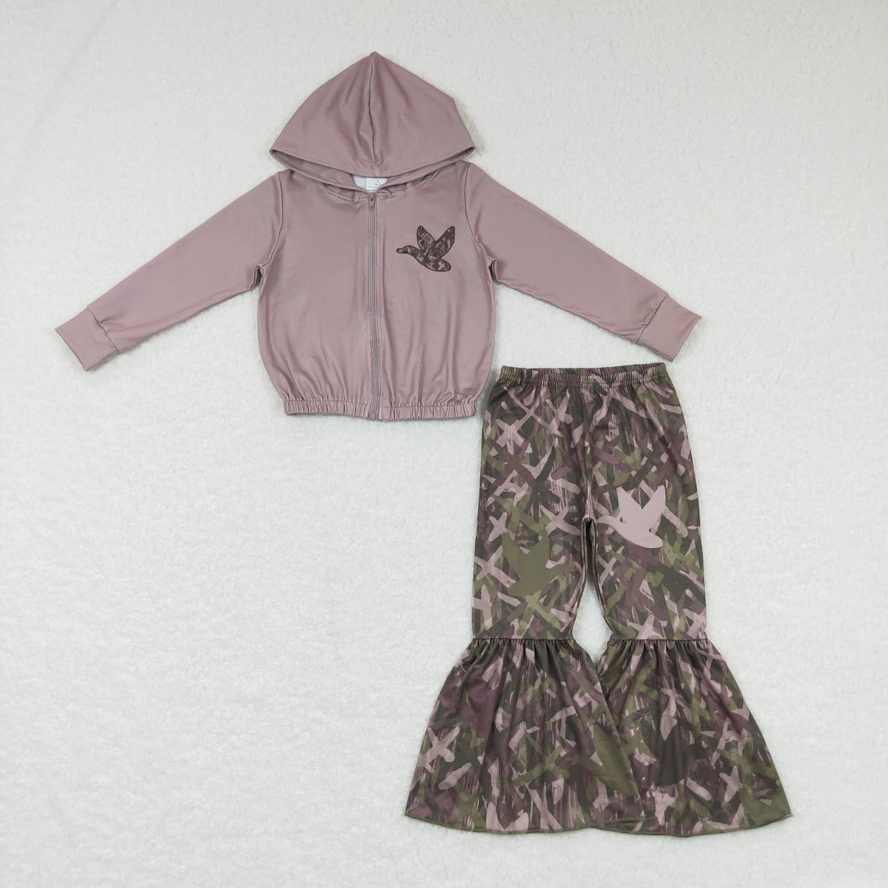 camo zip hoodie top bell bottom outfit girls clothing