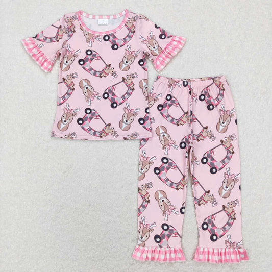 baby girl pink short sleeve deer car ruffle pajama