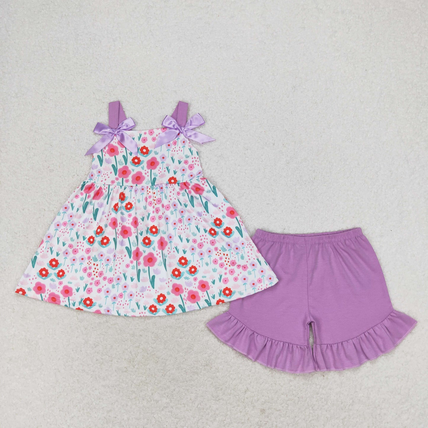 summer flower print girl strap shorts set purple