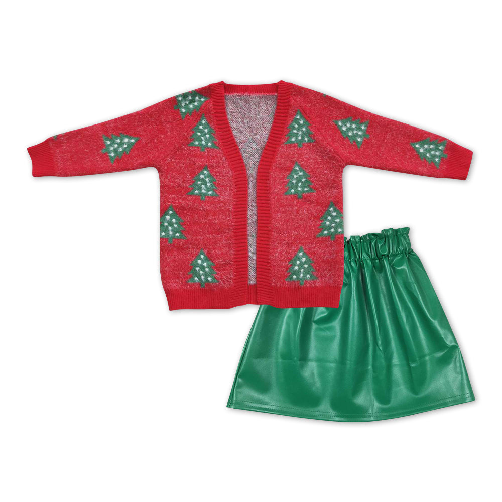 Christmas tree cardigan + green leather skirt girls outfits