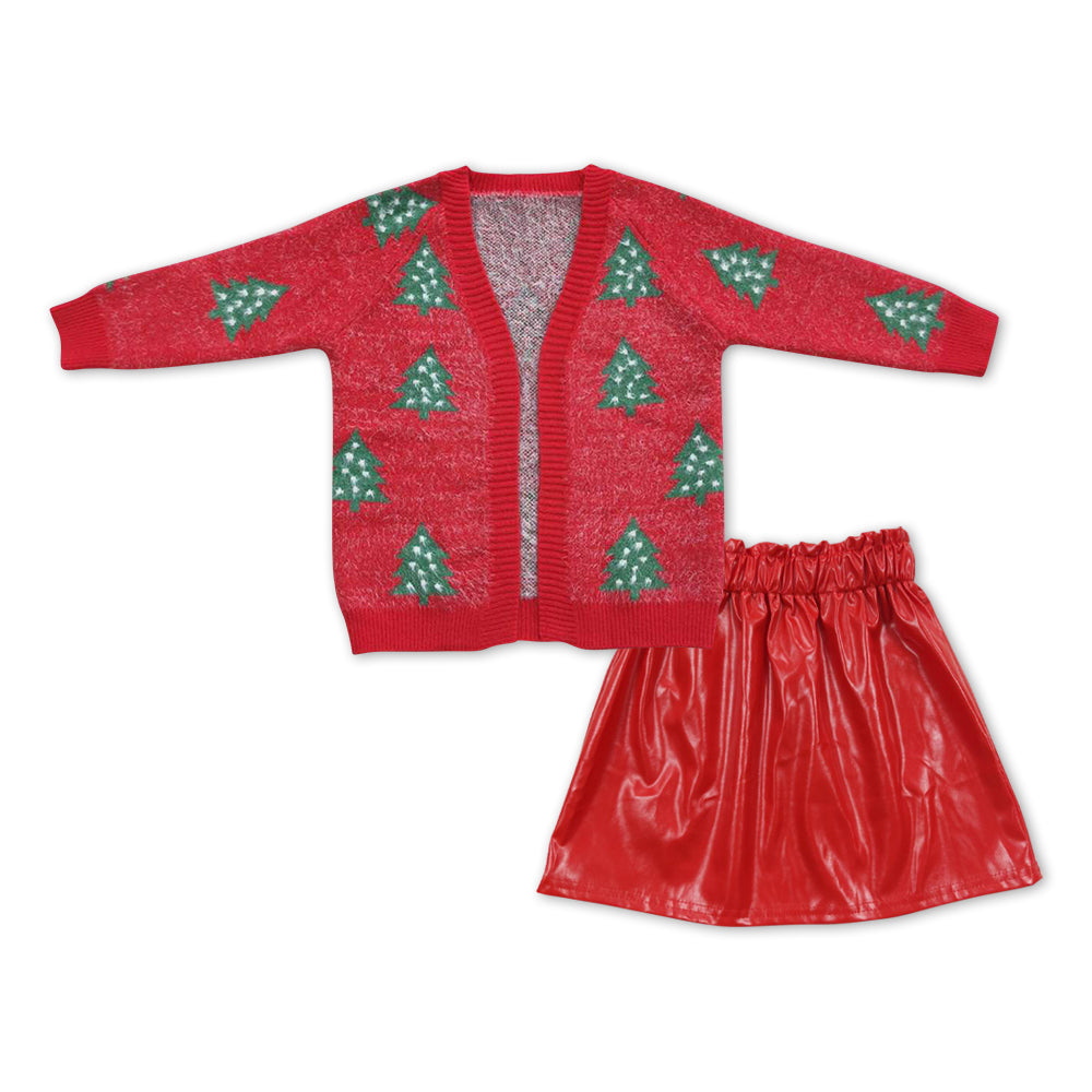 Christmas tree cardigan + red leather skirt girls outfits