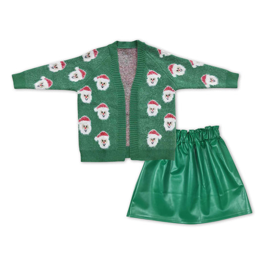 Christmas Santa cardigan + green leather skirt girls outfits