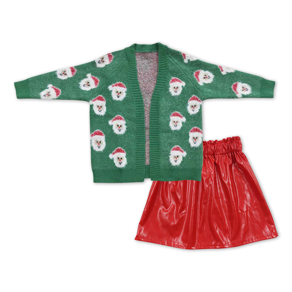 Christmas Santa cardigan + red leather skirt girls outfits