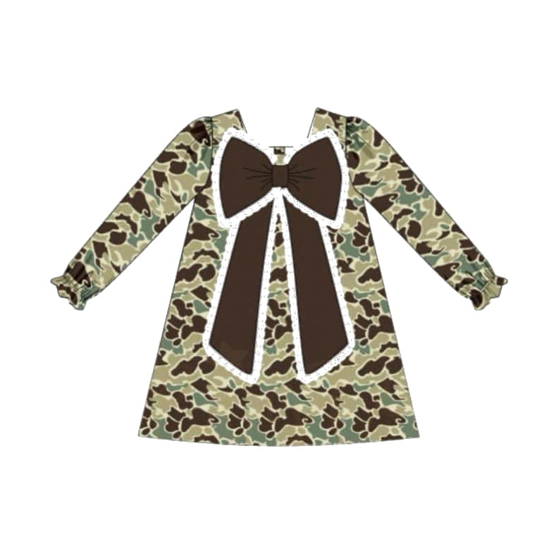 pre order long sleeve camo bow dress