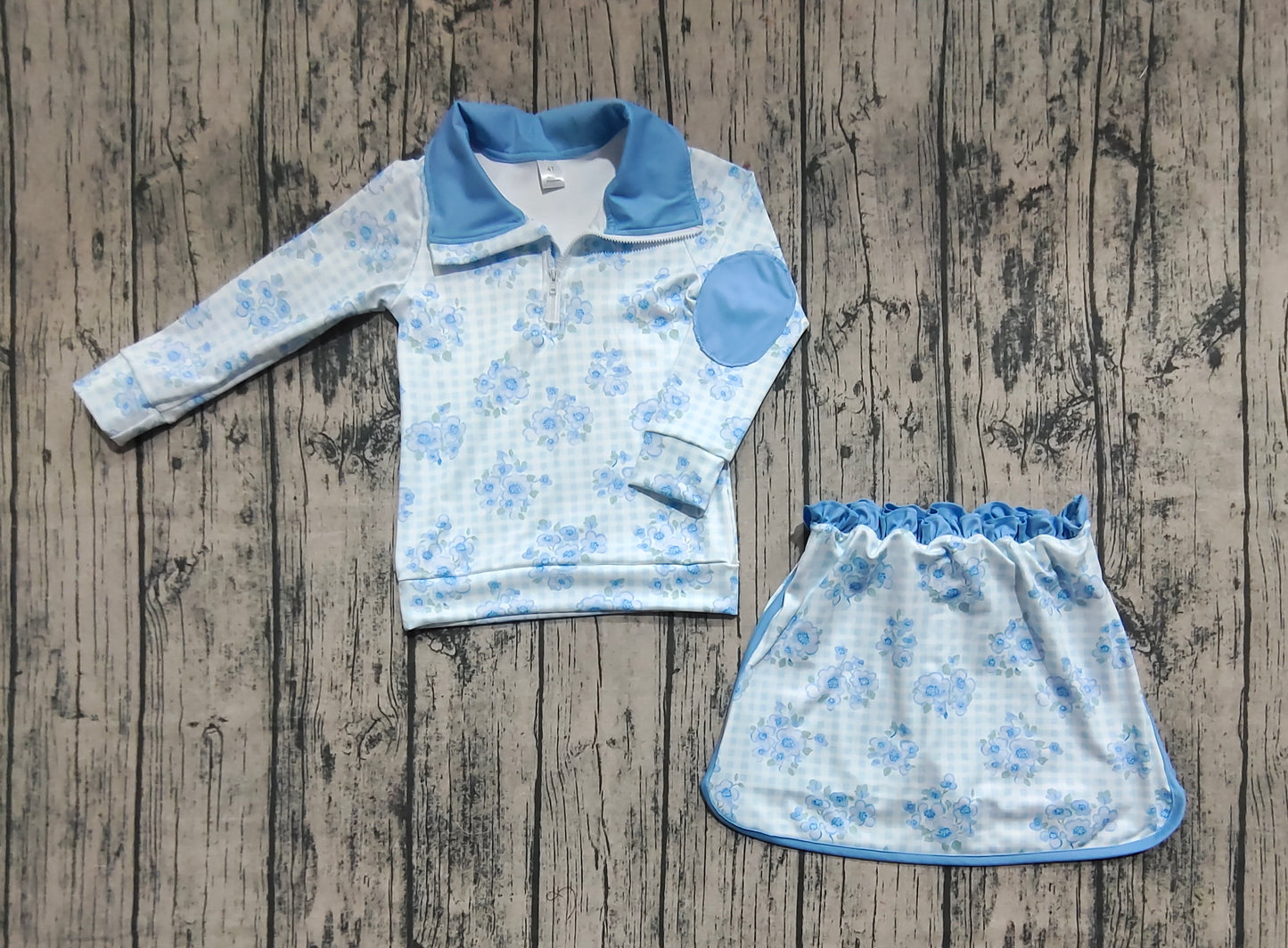 blue flower zip pullovers skort set outfit