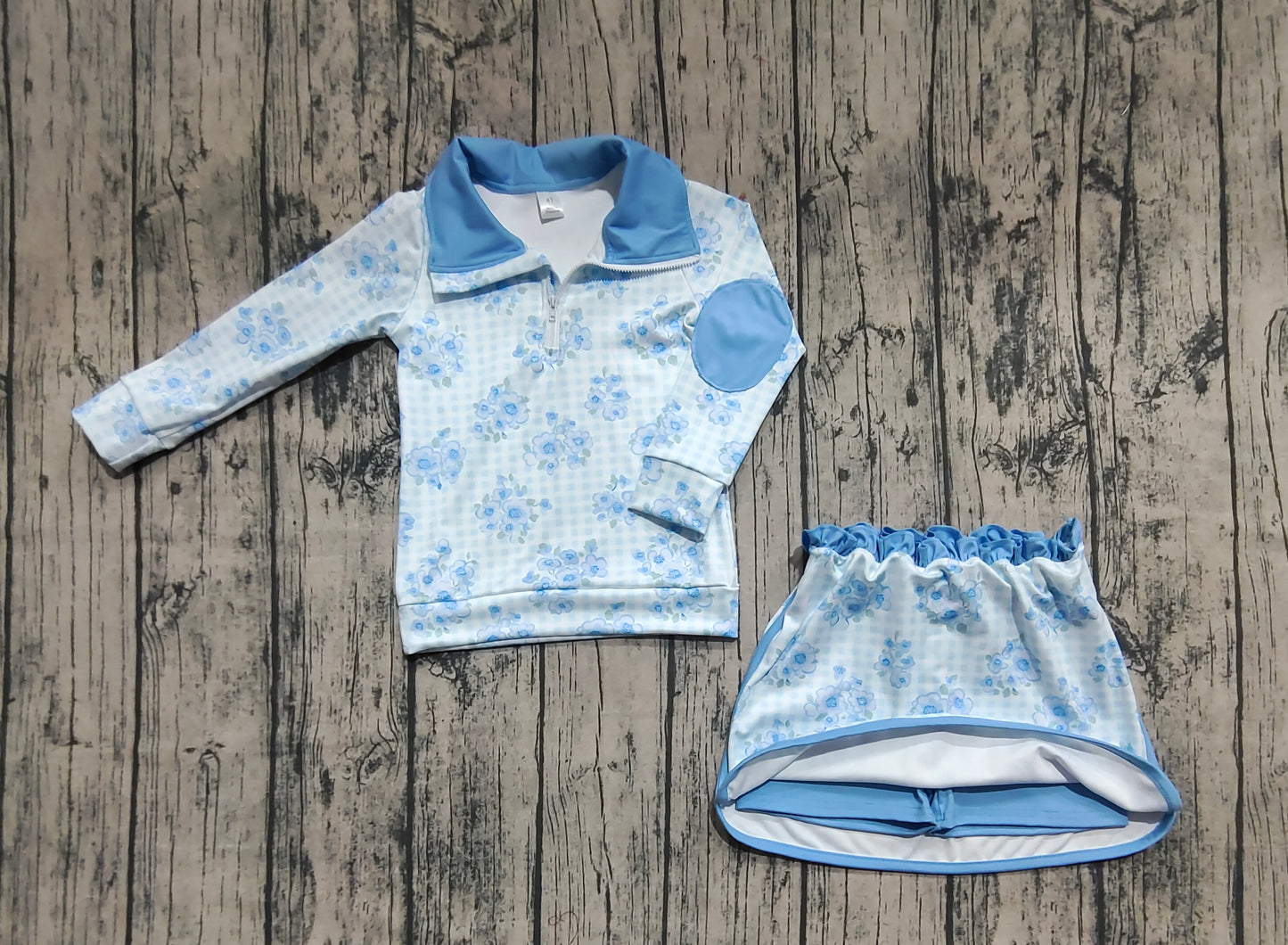 blue flower zip pullovers skort set outfit