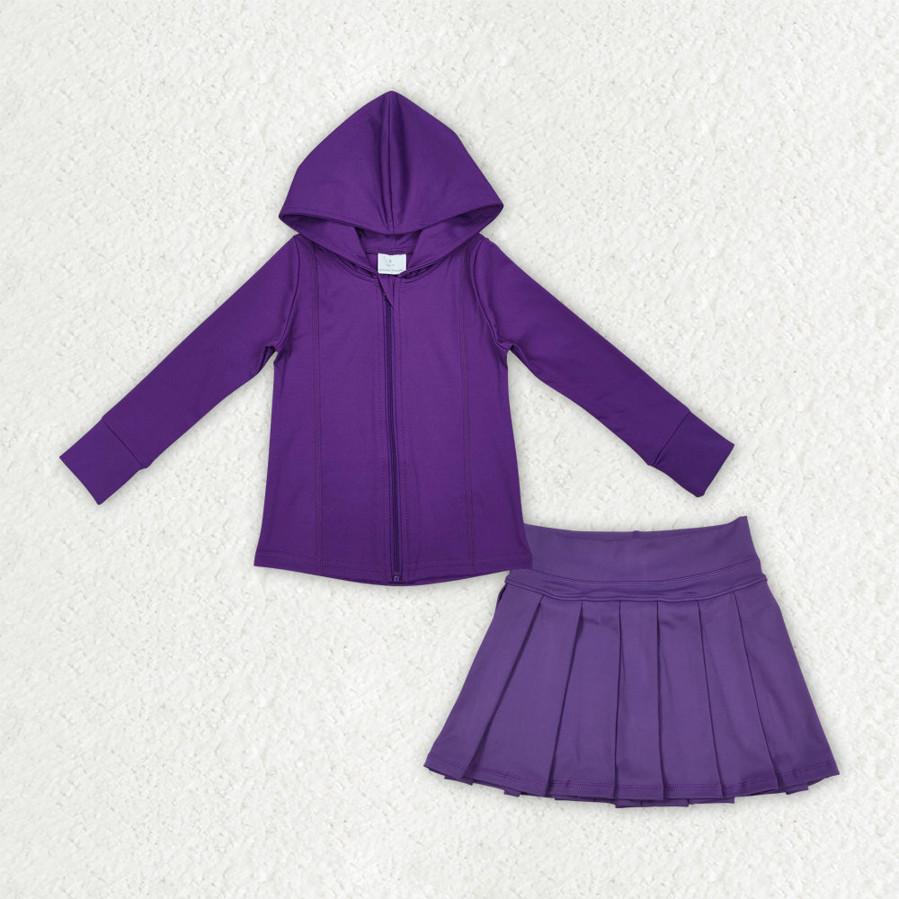 purple long sleeve pleated skirt set