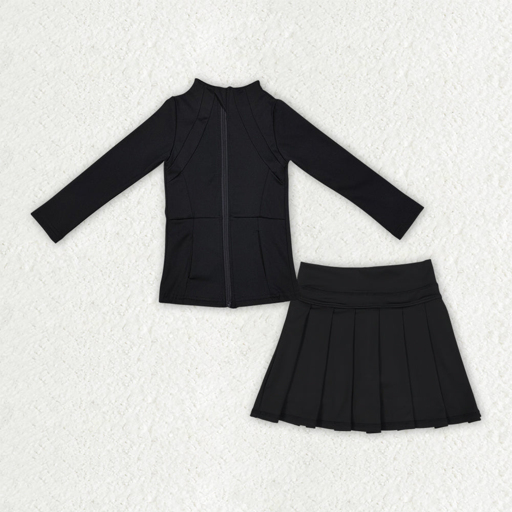 black long sleeve pleated skirt set