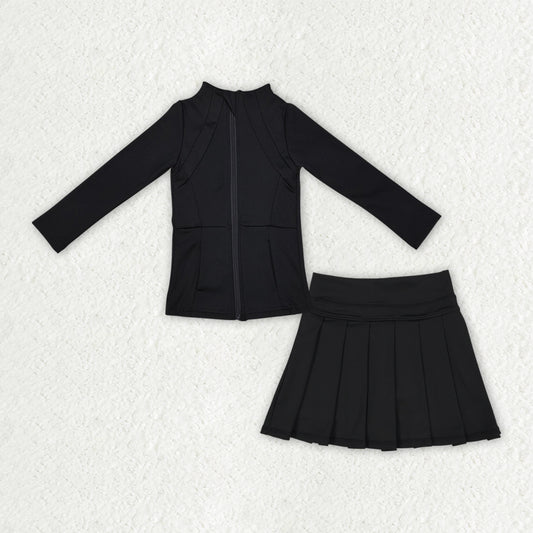 black long sleeve pleated skirt set