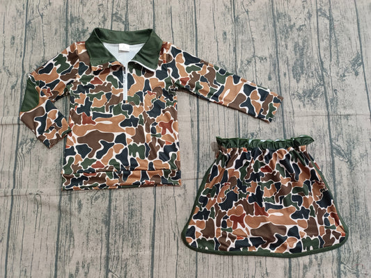 pre order kids long sleeve camo zip skort set
