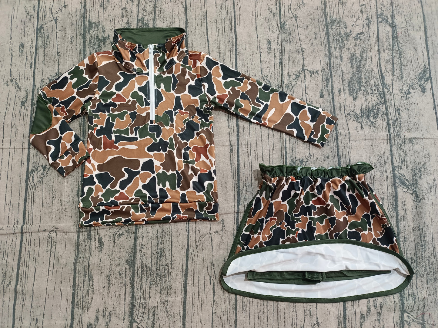 pre order kids long sleeve camo zip skort set