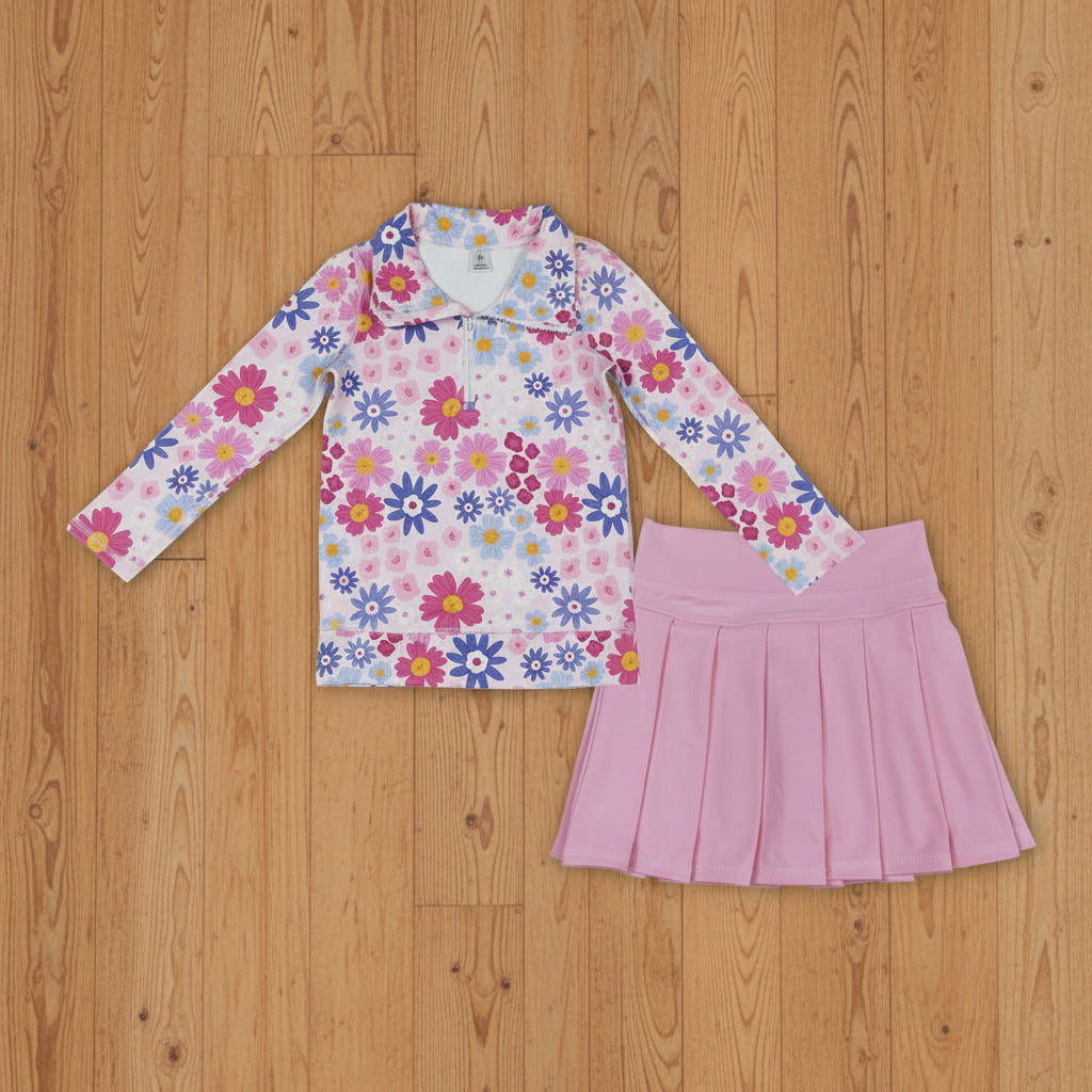 athletic floral zip yoga top pleated skirt outfit