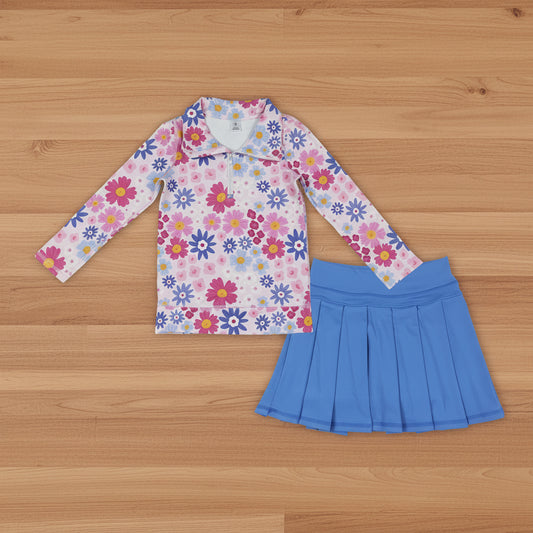 athletic floral zip yoga top pleated skirt outfit