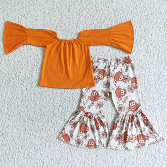 girl cotton orange top highland cow bells outfit