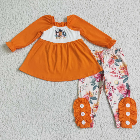 orange happy fall y'all pumpkin outfit floral legging set