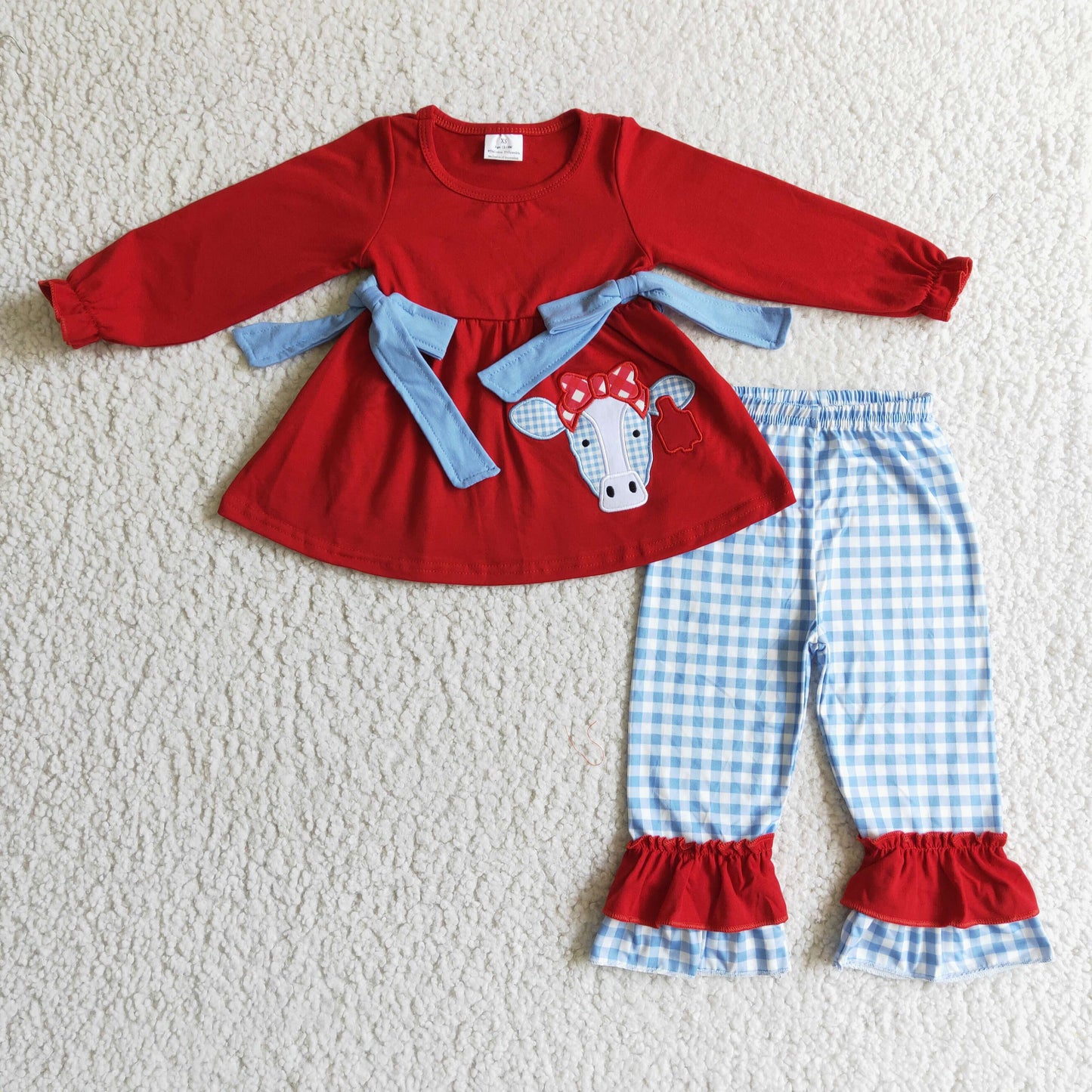 Christmas red cow embroidery ruffle outfit girls clothing GLP0068