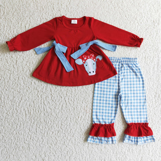 Christmas red cow embroidery ruffle outfit girls clothing GLP0068