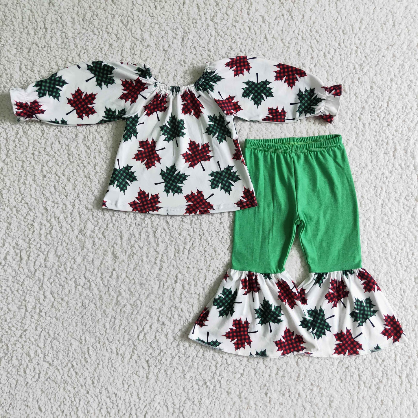 toddler girl green red leaves bell bottom outfit