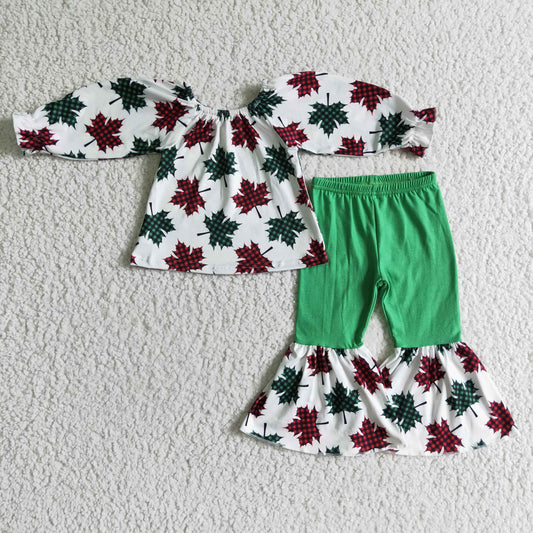 toddler girl green red leaves bell bottom outfit