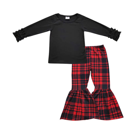 cotton black shirt+ plaid bell pants 2 pieces outfit