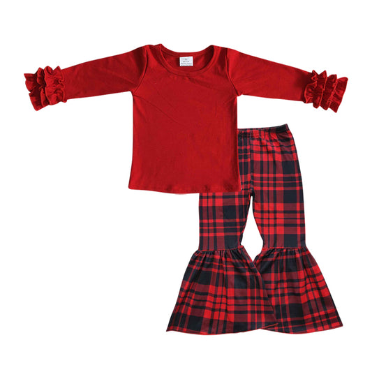 cotton red shirt+ plaid bell pants girls 2 pieces outfit
