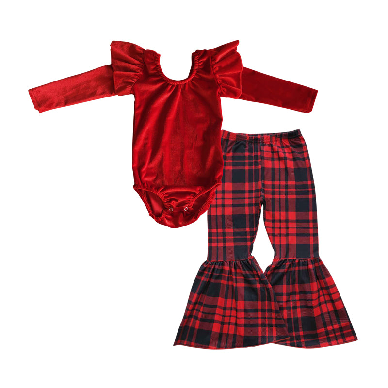 velvet red bodysuit and pants girls 2 pieces outfit